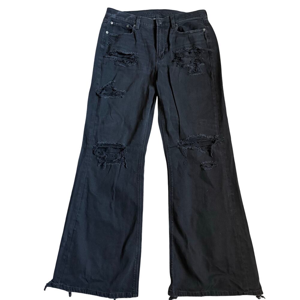 American Eagle Black Distressed Baggy Flare Jeans 10R Grunge Goth Witchy Skater